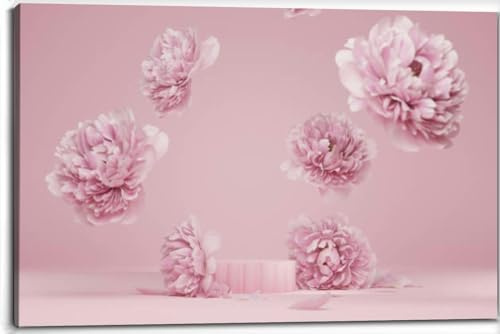 TIGTMULERLY 3D display podium pastel pink flower Peony blossom falling Canvas Wall Art Decor Paintings Pictures for Bedroom Wall Decor Above Bed Living Room Wall Decoration Bathroom Office Artwork