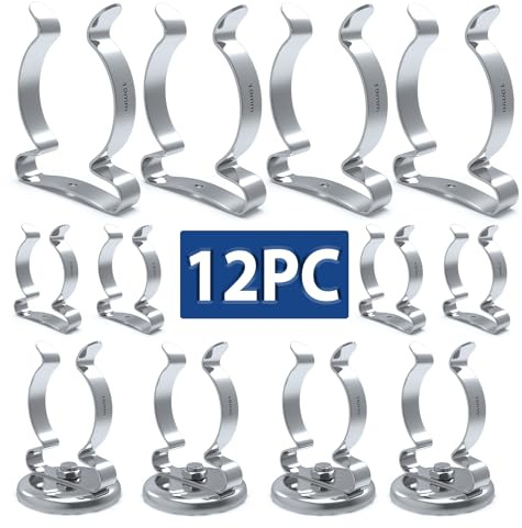 3-H Spring Clips 12 Pack with 4 Magnets, 3 Assorted Sizes Wall Mounted Tool Clips Terry Spring Clips for Hanging Mop Broom Garden Hose Kitchen Tools Indoor Outdoor