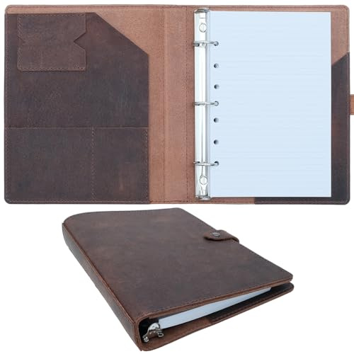 Fan&Ran Lined Leather Journal, 100 Sheets of College Ruled Paper 5.5x8.5, 3-Ring Mini Binder, Interior Pockets, Refillable