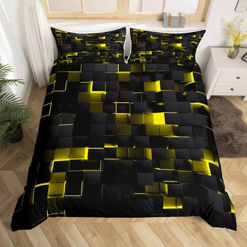 Homewish Housse de Couette 200x200 Abstrait Géométrique Parure de Lit À Carreaux Noir Jaune Sets de Housses de Couettes À Grille Stéréoscopique, Couvre Lit Carrée Moderne avec 2 Taies d'oreiller