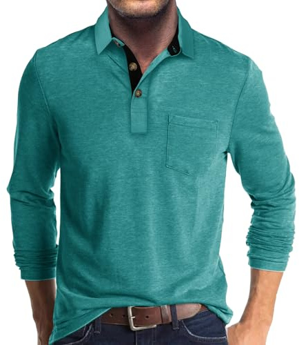 Rodawu Mens Long Sleeve Polo Shirts Golf Tops Casual Smart Polo T-Shirts Grandad T Shirt Designer Lake Green T Shirt Men L