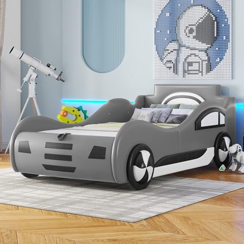 MSMOK Flachbett, 90 x 200cm, Bett mit Lattenrost (ohne Matratze), Modell Autobett, Autobett, Kinderbett, Kinderbett mit Unterbettstauraum (Grau)