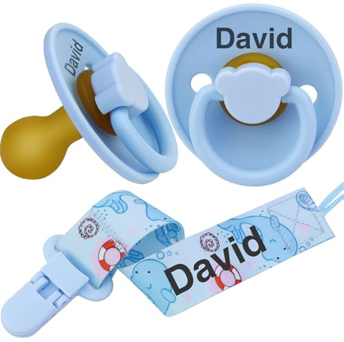 3 Stück personalisierter Baby Schnuller aus nachhaltigem und bio-erneuerbarem Material, hautweicher Silikonsauger, mit individueller Schnullerkette (Blau)