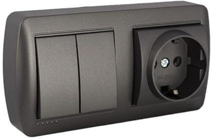 Base Schuko con doble conmutador, acabado grafito, serie mural; ideal para control de iluminación y conexiones eléctricas.