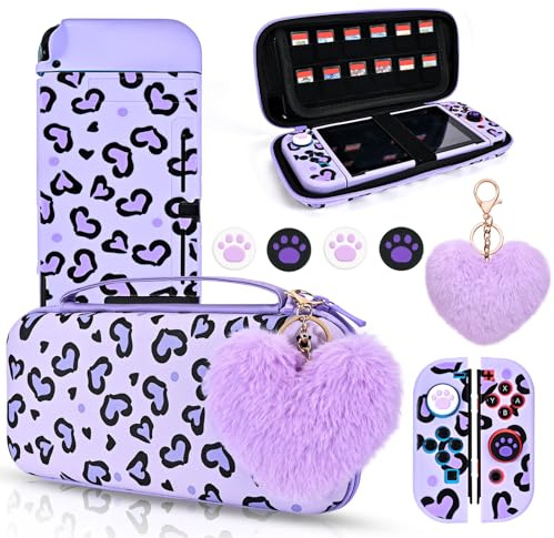 DLseego Étui de Transport pour Nintendo Switch, Housse de Transport et Coque Souple avec 4 Capuchons Joystick, 1 Breloque en Peluche en Forme de Cœur, Violet