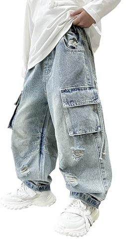 Jeans Kids Boys Age 4-14 Years Denim Trendy Baggy School Trousers Teen Boys Waist Tightener Elastic Loose Fit Comfy Stretchy Winter Spring Casual Vacation Pants (9-10 Years, Blue-1)