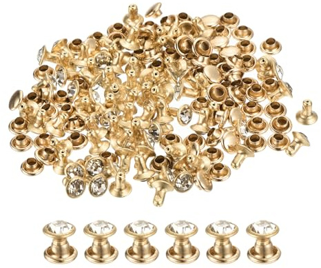 QUARKZMAN 80 Pcs Rivetti Con Strass Bianchi, 6mm/0.24 Rivetti Per Lavorazione Pelle Rivetti Cristallo, Doppio Cappuccio Metallico Con Strass Per Fai Da Te Pelle, Cornice Oro