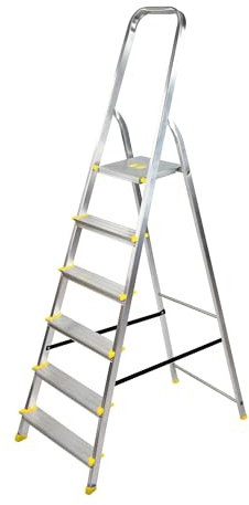 Bayersystem BS-DA6 150 Trittleiter mit 6 Stufen, Aluleiter, bis 150 kg belastbar, max. Arbeitshöhe 3,21 m, Klapptrittleiter mit Handlauf, Anti-Rutsch-Füße, Klapptritt für Haushalt, Silber/Gelb