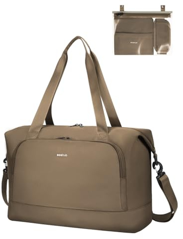 ECOHUB Bolsa de Viaje Plegable, Equipaje de Mano Ligera y Resistente al Agua para el Fin de Semana, Bolsa Viaje con Reciclada Bolsillo Húmedo Extraíble para Mujer y Hombre, 30L-Marrón