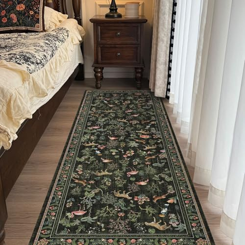 Waschbarer Boho-Teppich, 60 x 180 cm, Dunkelgrün, für Flur, Teppich, Tier, Botanik, Blumenmuster, rutschfest, weich, orientalisch, Gepard, Flamingo, Hirsch, Vintage-Teppich, Küche, Eingangsbereich
