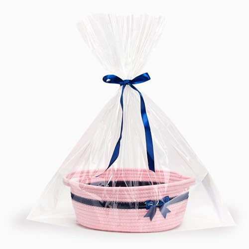 Goodheim Geschenkkorb Leer, Geflochten Korb für Geschenke mit Geschenkfolie Transparent und Geschenkschleife, Präsentkorb Leer für Halloween Erntedank Weihnachten (Rosa mit Schleife)