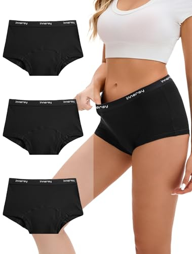INNERSY Period Pants for Women Light/Medium Flow Cotton Boxers Leakproof Menstrual Boyshorts 3 Pack