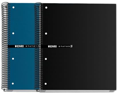 Enri STATUS, Pack de 2 Cuadernos A5+, Cuadricula 5x5, Tapa Extradura, Espiral, 5 Bandas de Color, 160 hojas, Colores Negro y Azul