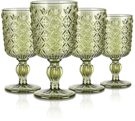 Joeyan 300ml Green Vintage Glass Wine Goblet, Romantic Geometric Embossed Drinking Glasses, Heavy Stemmed Wine Glasses for Christmas Party Wedding Table Decor, Set of 4, Dishwasher Safe