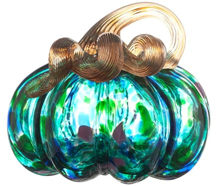ORRFIDDY 4.7 Hand-Blown Glass Pumpkin Halloween Decor Fall Home Figurines Collectible Harvest Thanksgiving Wedding & Autumn Mantel Decorations Paperweight Tabletop Ornaments(Blue Green)