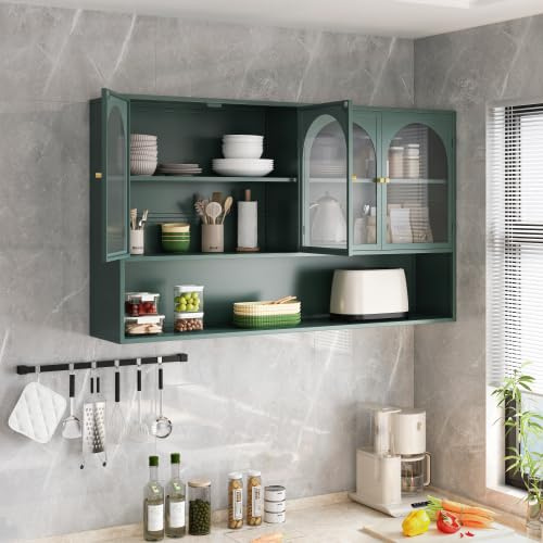 HUAKEHOM Hängeschrank Viertüriger Glas Wandschrank mit 4 Glastüren Küchenschrank Badschrank Sideboard Aufbewahrung Wandmontage 120×23×70cm (Dunkelgrün)