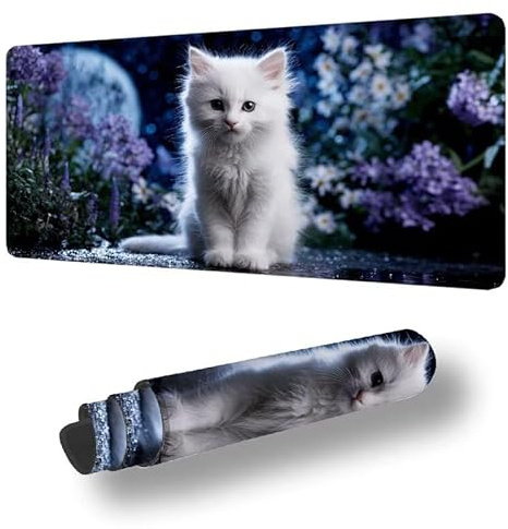Mauspad Weiß Mousepad XXL 900 x 400 x 3 MM Verlängertes Groß Schreibtischauflage, mit Nähten an den Rändern Wassxerdicht Anti-Rutsch Gaming Mauspad Katze Schreibtischmatte für Tastatur und Maus S-9042