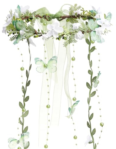 MOSTORY Elfen Kopfschmuck für Waldfee Faschingskostüme, Grün Feen Krone Blumenkranz mit Reben Schmetterling für Karneval Renaissance Fotografie
