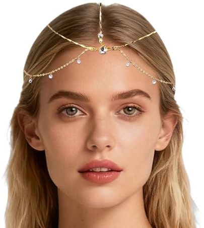 Mikovivi Catena Capelli con Strass, Catena per Capelli Bohemiana Multistrato Dorata Gioiello Copricapo da Sposa per Donna Matrimonio Festa