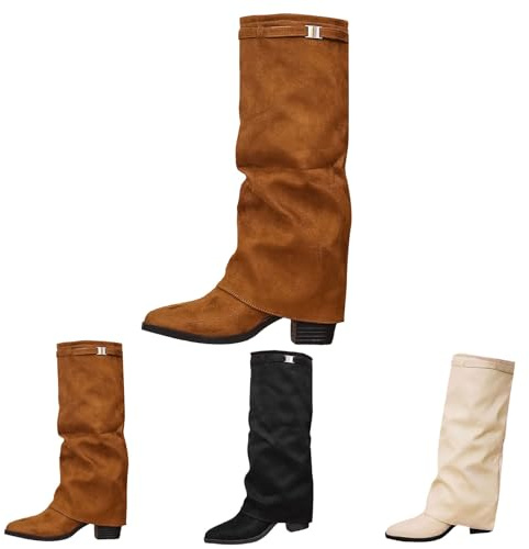 Läder ankelstövlar dam med blockklack – slouchy stövlar hopfällbar över långa stövlar enfärgad elegant högklackade stövlar festliga slip-stövlar vintage cowboystövlar övergångsstövlar, BRUN, 43 EU