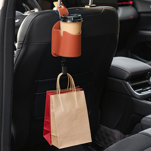 Qirc Car Seat Back Cup Holder, Multifunctional Leather Auto Storage Organizer with Headrest Hook, 3 in 1 Universal Car Hanging Drink Holder for Purse Phone Handbag Grocery Bags (Orange)