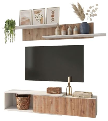Miroytengo Mueble de salón, Comedor, Módulo TV + Estantes Kipi Módulos Extensibles de 143-220 cm Roble Cambrian y Blanco