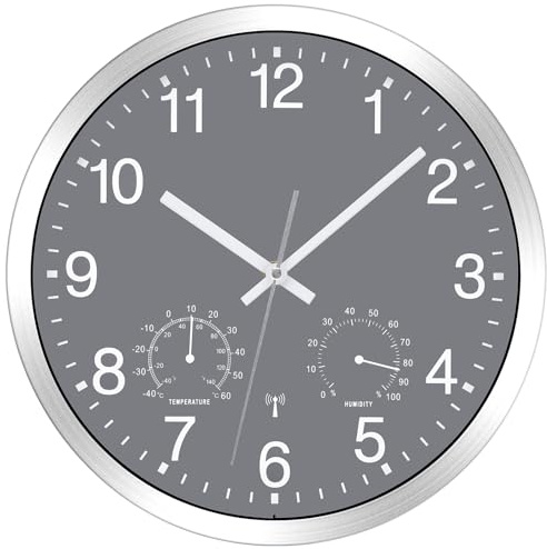 NESIFEE Wanduhr Funk Uhr mit Temperaturanzeige Funkuhr Wand Lautlos 30cm | Funkwanduhr Geräuschlos, Feuchtigkeitsmesser, Wandur Ohne Tickgeräusche, Grau, für Wohnzimmer Büro Küche