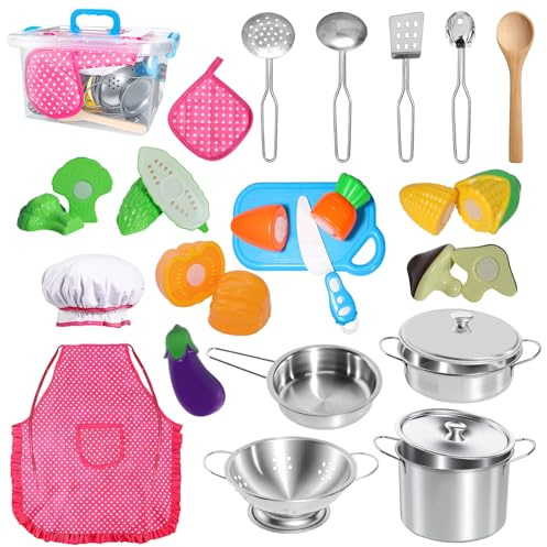 Cocinita Infantil de Madera, 23 Piezas Accesorios Cocina Juguetes con Ollas Acero Inoxidable & Vegetales para Cortar | Comida Juguete, Juego de rol Educativo Regalo para Niños Niñas 3 4 5 Años
