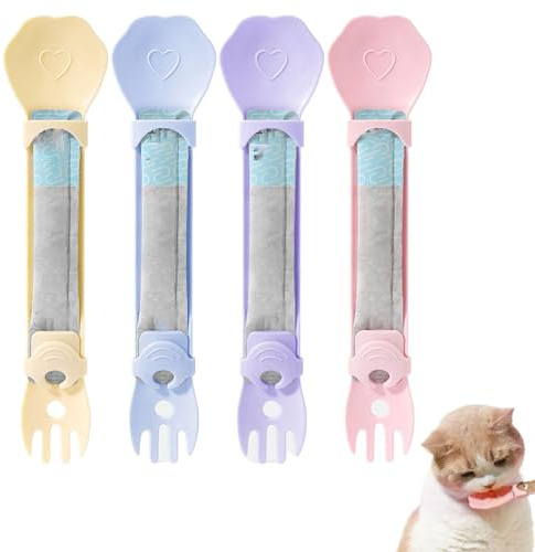 Husdjurssked, 4x söt kattmatsautomat med kam, klämsked for kattremsor, slickbar kattmatare pinnar, våtgodismatare for katt