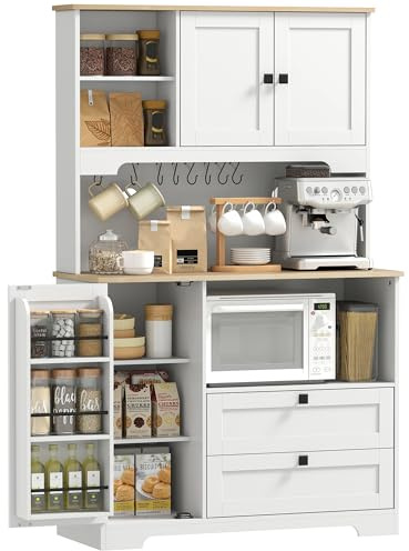 HOMCOM Alacena de Cocina, Mueble Auxiliar de Cocina, 3 Puertas, Blanco | 2 Cajones, 3 Estantes en la Puerta, 8 Ganchos, Encimera Amplia para Microondas, Estantes Ajustables, Orificios para Cables