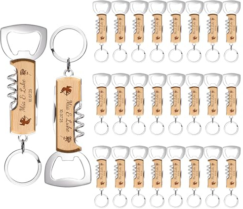 24 Abrebotellas Llaveros Personalizados, Sacacorchos de Madera de Cerveza Regalo Grabables, Abridor de Vino, Regalos para Detalles Bodas, Comuniones, Bautizos