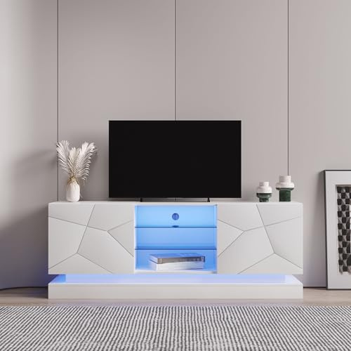 Raeln Meuble TV Blanc 160 cm Mat avec LED et charnières silencieuses, Meuble télé avec 2 Portes et Verre, Support TV 70 Pouces pour Meuble de Salon et Buffet Salon Chambre séjour