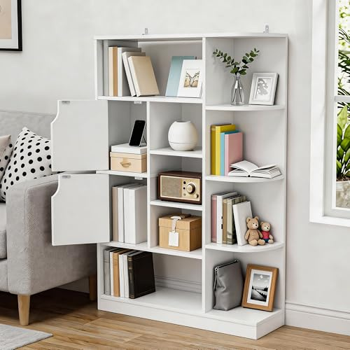 YITAHOME Freestanding Bookcase, Display Shelf with with 9 Open Shelves and 2 Doors Side Cabinet for Living Room, Bedroom, Office, White, 80W × 24D × 120H CM