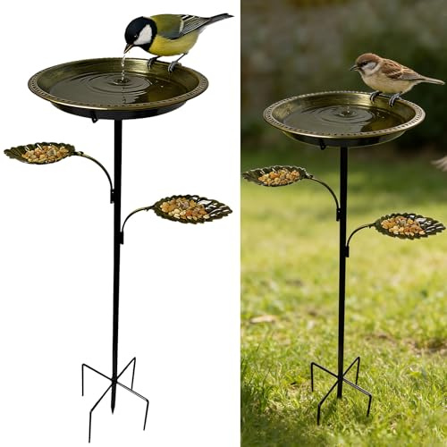 Vogeltränke Stehend Vogelbad Garten 2-in-1 Vogeltränke Winterfest Wassertränke für Vögel Vogelbad aus Metall mit Doppelbecken für Wasser und Futter Vintage-vogeltränke für Gartendeko (G)