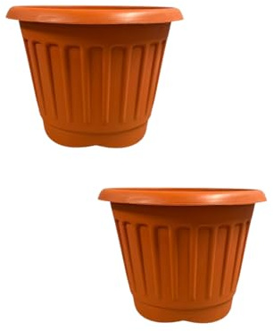 ORGANIZED set of 2 large round plastic garden planters, durable and lightweight with drainage holes. Ideal for indoor or outdoor use on patios, balconies, or gardens. (Terracotta, 40cm)