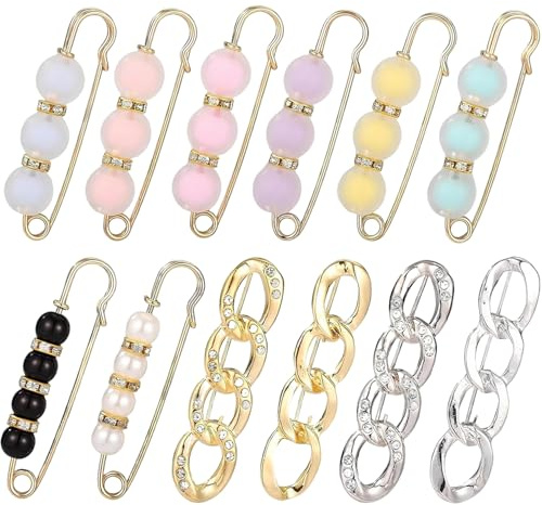 TILONKJ 12 Stück Perlen-Broschen, Broschen für Kleidung, Hosenverkleinerung Verstellbare Waist Clips Für Hosen, Mehrere Größen Sicherheitsnadeln für Frauen Hosen Kleid Rock Hut