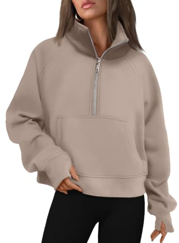 LILLUSORY Womens Oversized Sweatshirts Cropped Half Zip Tops | Gentle Skin Feel,Drop Shoulder,Large Pocket,Thumb Holes,Fleece Lined,Basic Thermal Tops,Oversized Hoodies,Winter Clothes 2026