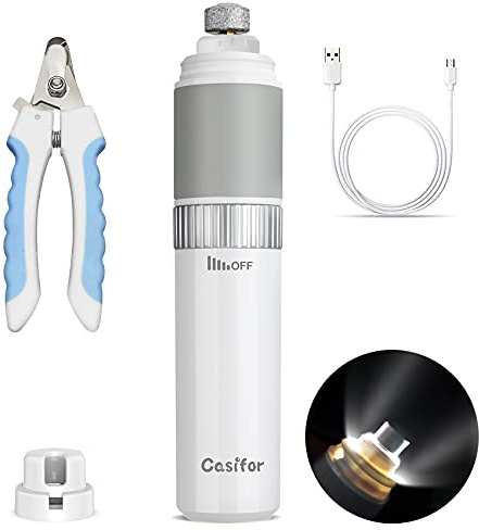 Casifor Krallenschleifer, Krallenschere mit LED Licht 40 dB super-leise Lärm Nagelschleifer für Kleine, mittlere und große Hunde und Katzen mit Staubabsauger, 2000mA (Weiß)