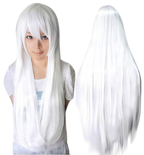 IMISSU 80cm lång rakt naturligt hår Cosplay peruker med lugg Huvudbonader Färgglad Halloween kostym Fest Peruk för flicka (Ren Vit)
