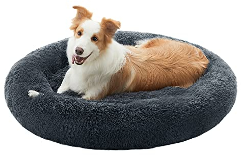 Feandrea Hundebett flauschig, Katzenbett, Donut Kissen, waschbar, Polsterung in der Mitte herausnehmbar, Langer Plüsch, 100 cm Durchmesser, dunkelgrau PGW042G02