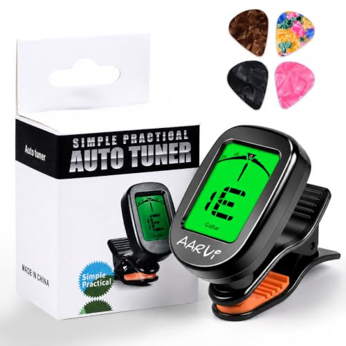 AARVI Clip On Guitar Tuner for All Instruments, Acoustic/Electric Guitar, Ukulele, Bass, Violin, Banjo, Large Clear LCD Display for Guitar Tuning, Chromatic Tuner, 4 Pack Guitar Picks Included