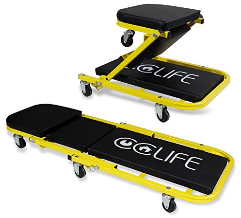 CCLIFE Werkstatt Rollbrett Montagerollbrett 2 in 1 KFZ Werkstatthocker Montageliege bis 150kg, Rollsitz mit 6 360° Lenkrollen, Sitz- und Liegefunktion für Autoreparatur