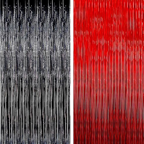 AILEXI 2 Pack 3ft*8ft Party Supplies Foil Fringe Shimmer Curtains, Door Window Decorations Streamers or Wall Backdrop Tinsels - Black Red