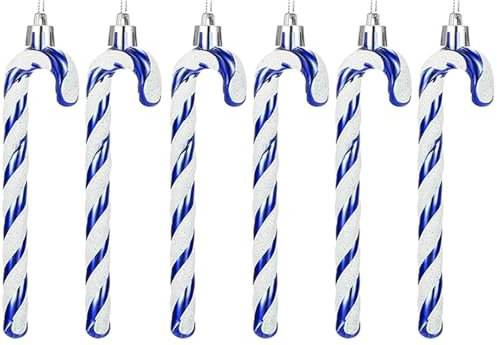 6 PCS 13cm Glitter Candy Cane Christmas Tree Decorations, Glitter Candy Cane Christmas Tree Hanging Decoration Bauble Xmas Ornament, Blue + White