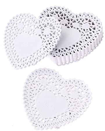MAGICLULU 250 Stück 4 Kuchen Deckchen Tortenspitze Herz Mini Herz Papier Deckchen Tischset Torten Hochzeits Spitzentisch Kaffeepad Gebäck Weiß