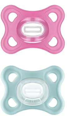 MAM Comfort Dummy Set of 2, Especially Small and Lightweight Baby Dummy for Newborns and Babies, Made of 100% Silicone, with Soft MAM SkinSoft Teat and Dummy Box, 3-12 Months, Pink
