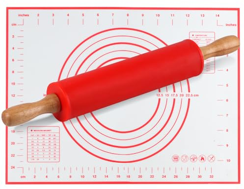 Rouleau à Pâtisserie en Silicone, Rouleau à Pâtisserie avec Poignées en Bois, Rouleau a Patisserie, Rouleau en Silicone avec Tapis de Cuisson(30x40cm), pour Cuisson Biscuits, Pâtisserie (Rouge)