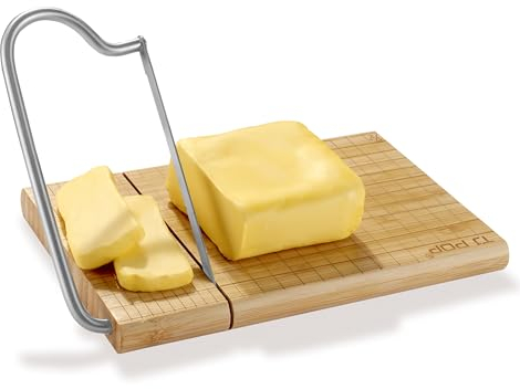 Bamboo Cheese Slicer Board, 27 x 21 CM Cheese Cutter with Stainless Steel Blade Accurate Size Scale for Block Cheese, Butter, Bread, Friut, Vegetable