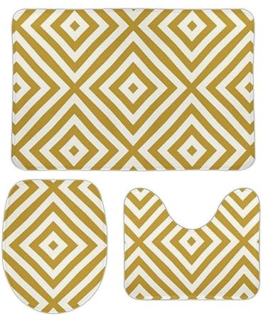 U-Förmiger Teppich Geometrisches Rautenmuster In Senfgelb Und Creme Wc Vorleger Set 3 Teilig Wasserabsorbierend Badezimmer Vorleger 3-Teiliges Waschbar Badezimmer-Garnitur
