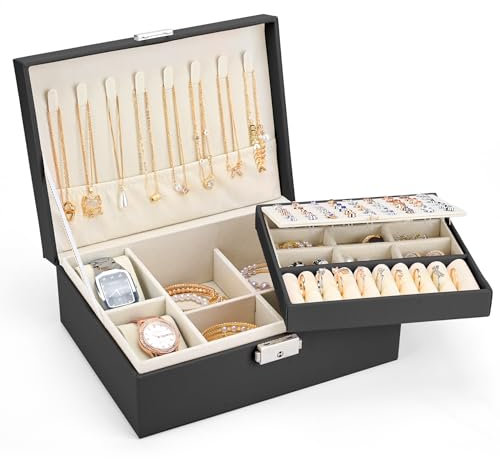Sofore Portagioie da donna, grande portagioie a 2 strati, con 2 cuscini per orologio, in pelle PU, organizer per gioielli da viaggio, per orecchini, anelli, collane, orologio, colore: nero